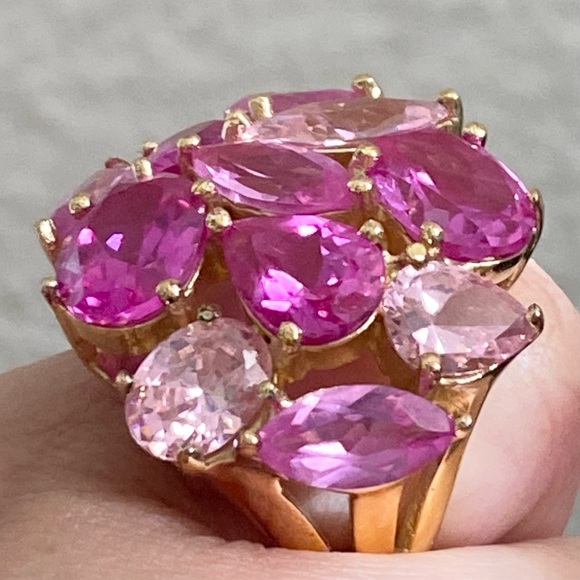 JC China Signed Pink Fuchsia Pink Cluster Crystal Cocktail Ring Size 5.5 - Picture 15 of 16